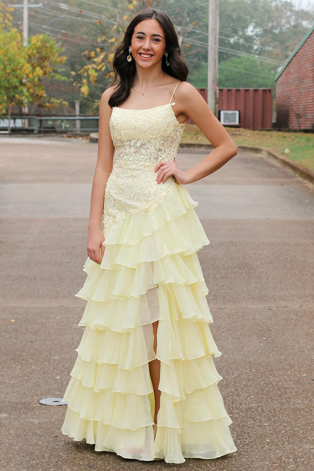 Long Chiffon Prom Dress with Sparkly Red Spaghetti Straps Tiered Layers and Appliques