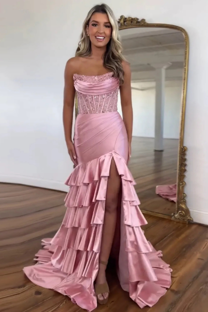 Long Satin Prom Dress in Lilac with Strapless Mermaid Silhouette and Tiered Slit