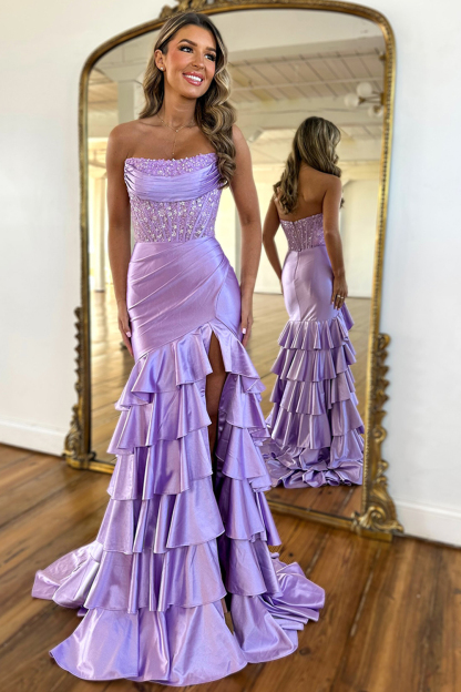 Strapless Mermaid Prom Dress with Glitter Blush Satin and Ruffled Sequins