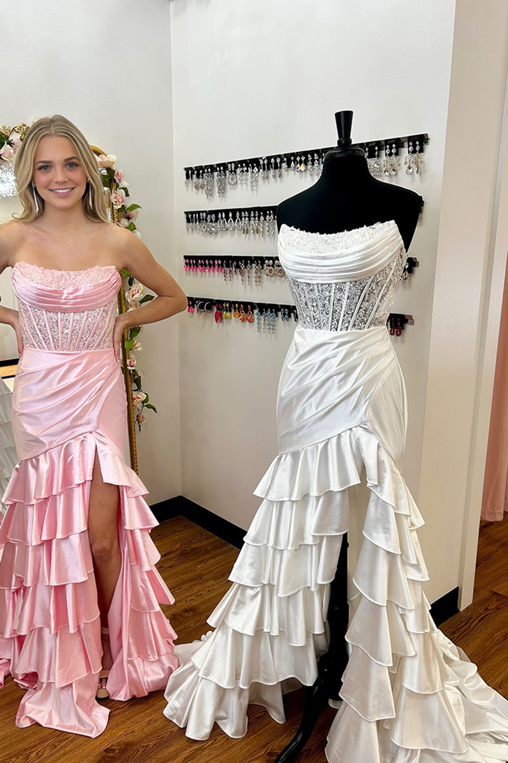 Strapless Mermaid Prom Dress with Glitter Blush Satin and Ruffled Sequins