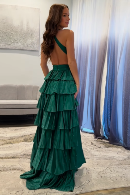 Beaded Emerald Green Prom Dress with Sparkly Corset and Tiered A-Line Slit
