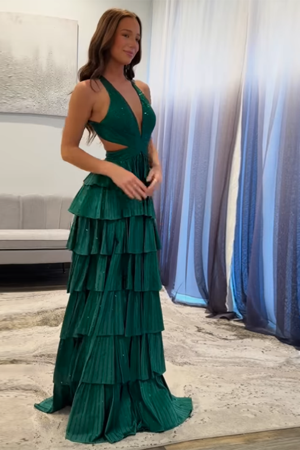 Beaded Emerald Green Prom Dress with Sparkly Corset and Tiered A-Line Slit