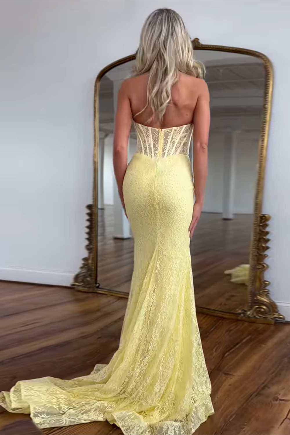 Long V-Neck Corset Prom Dress with Yellow Halter Lace