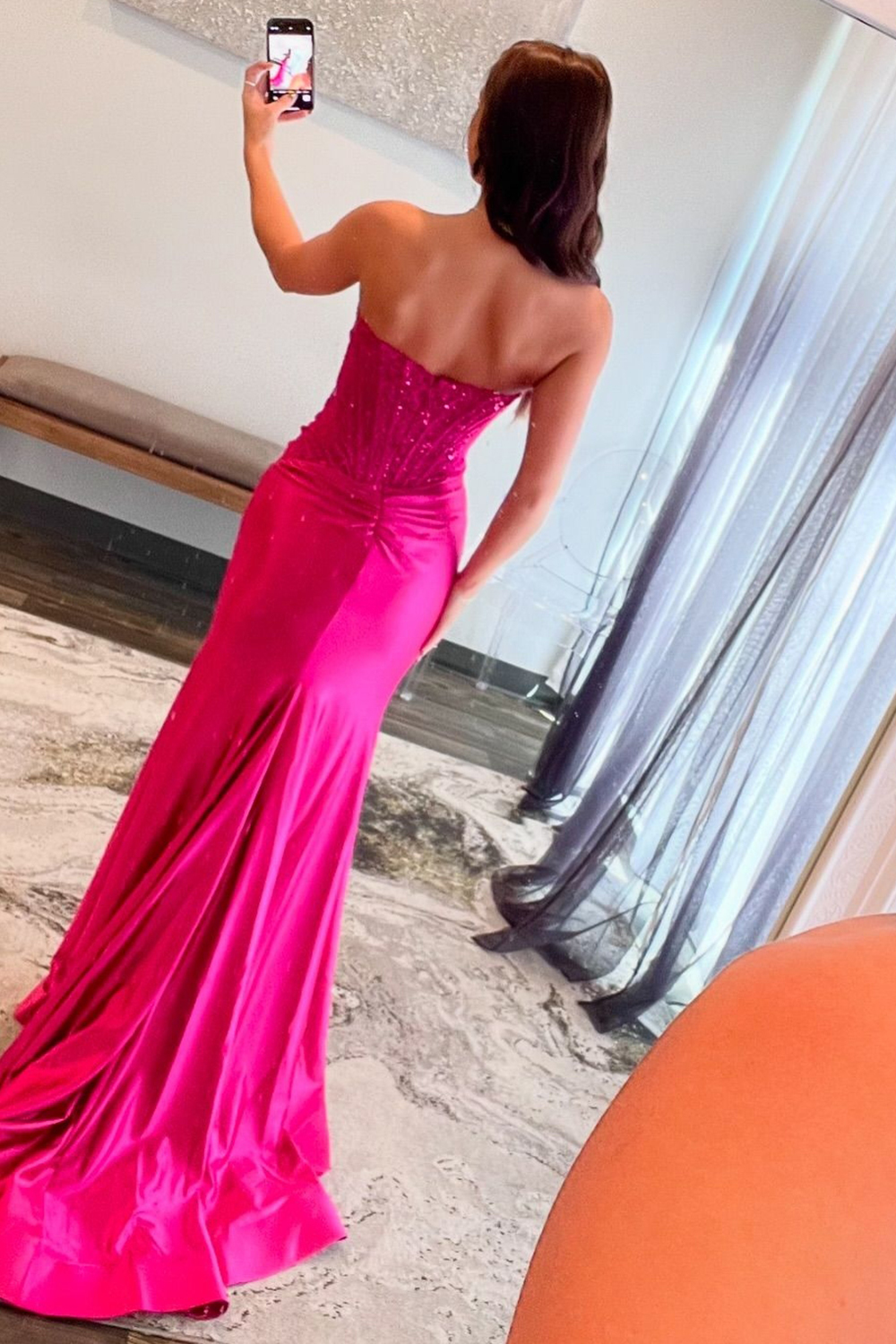 Long Satin Mermaid Prom Dress with Sparkly Gold Strapless Corset and Slit