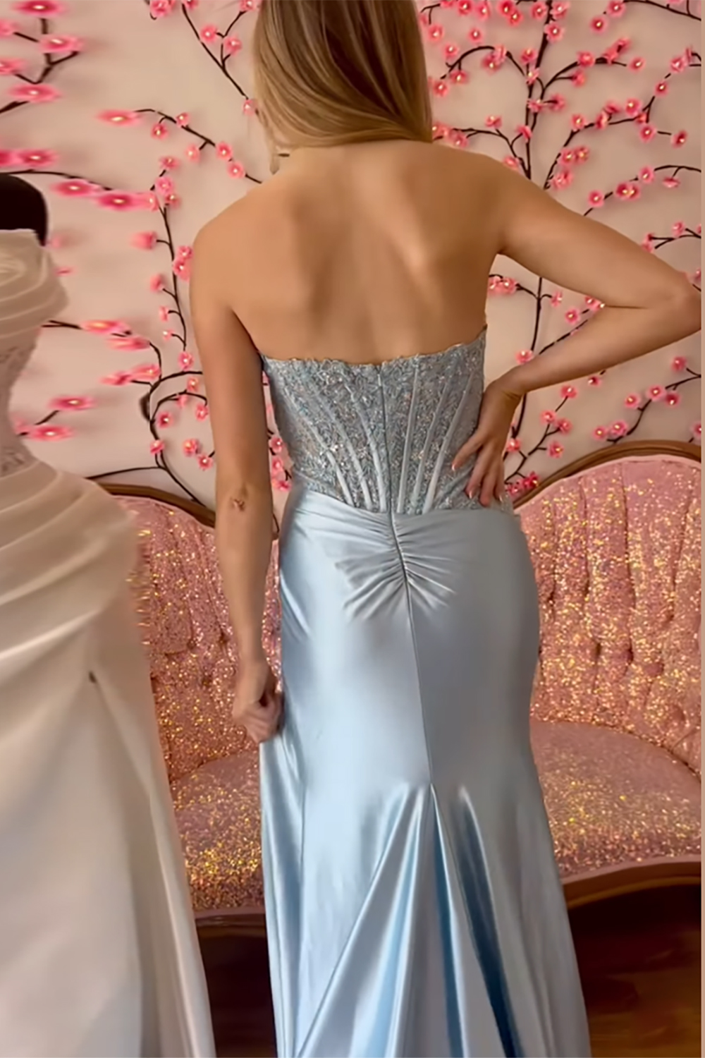 Long Satin Mermaid Prom Dress with Sparkly Gold Strapless Corset and Slit