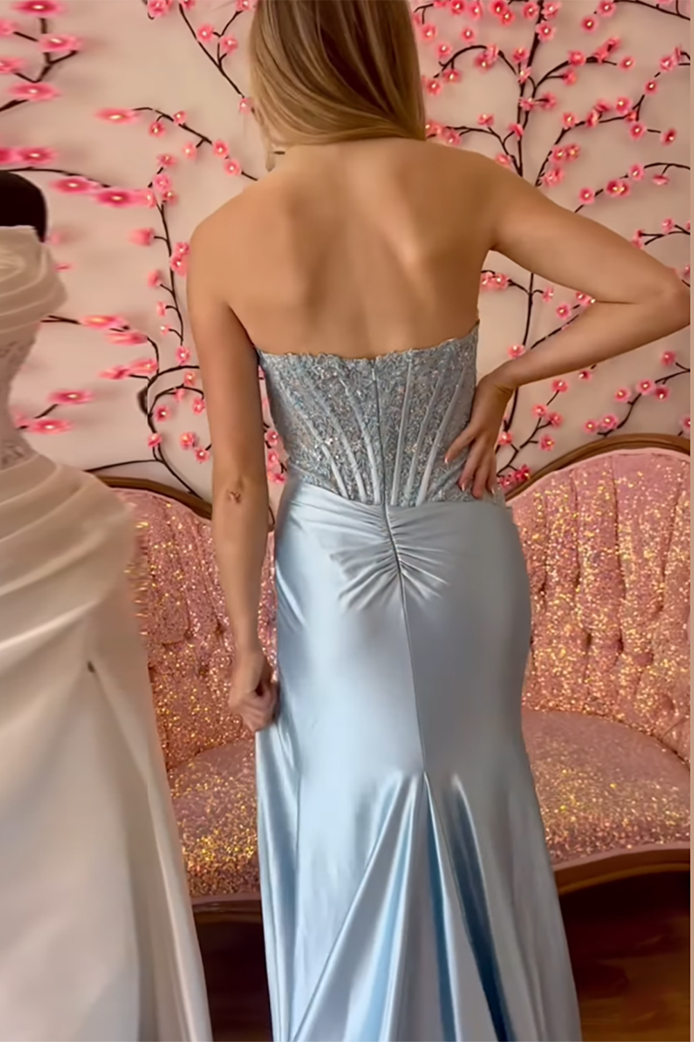 Long Satin Mermaid Prom Dress with Sparkly Gold Strapless Corset and Slit