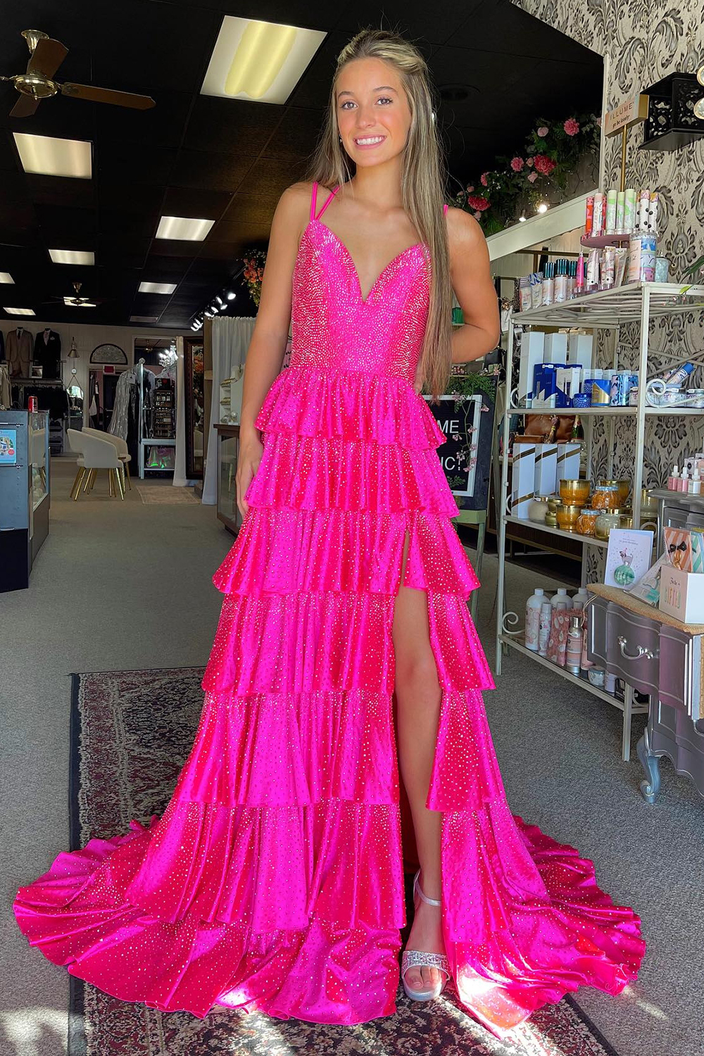 Fuchsia Glitter Long Prom Dress with Beaded Ruffles Spaghetti Straps and a Slit