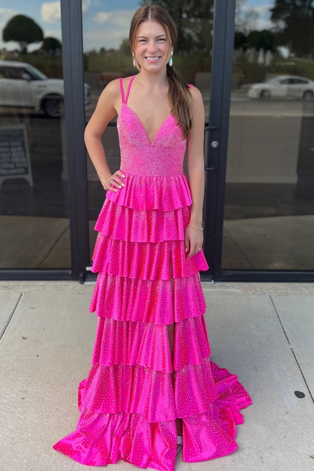 Fuchsia Glitter Long Prom Dress with Beaded Ruffles Spaghetti Straps and a Slit