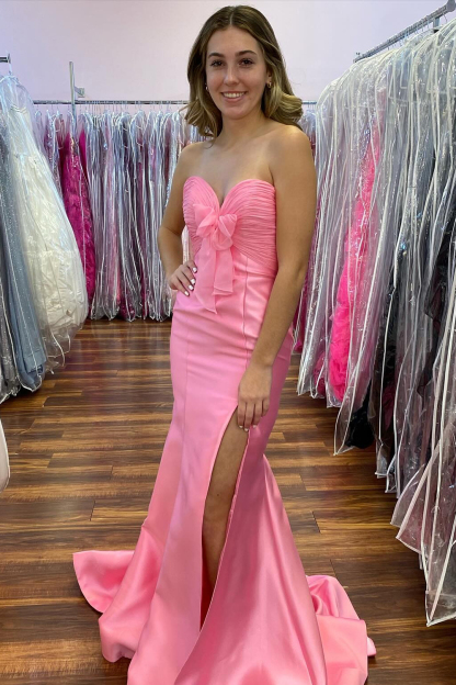 Long Mermaid Prom Dress in Sweetheart Yellow Satin with Slit