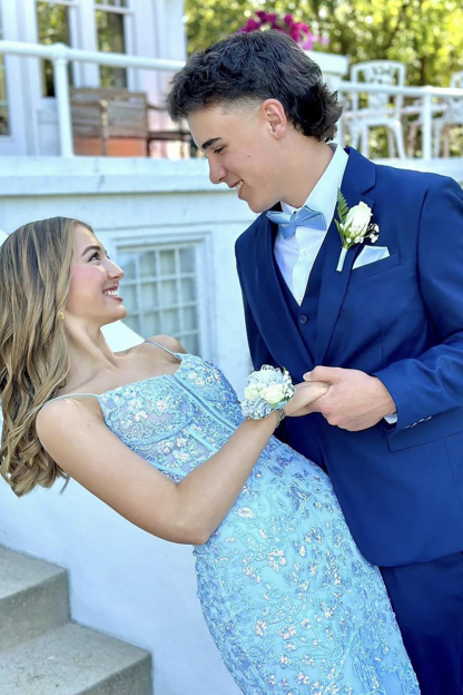 Long Corset Prom Dress with Blue Spaghetti Straps and Mermaid Sequins Applique