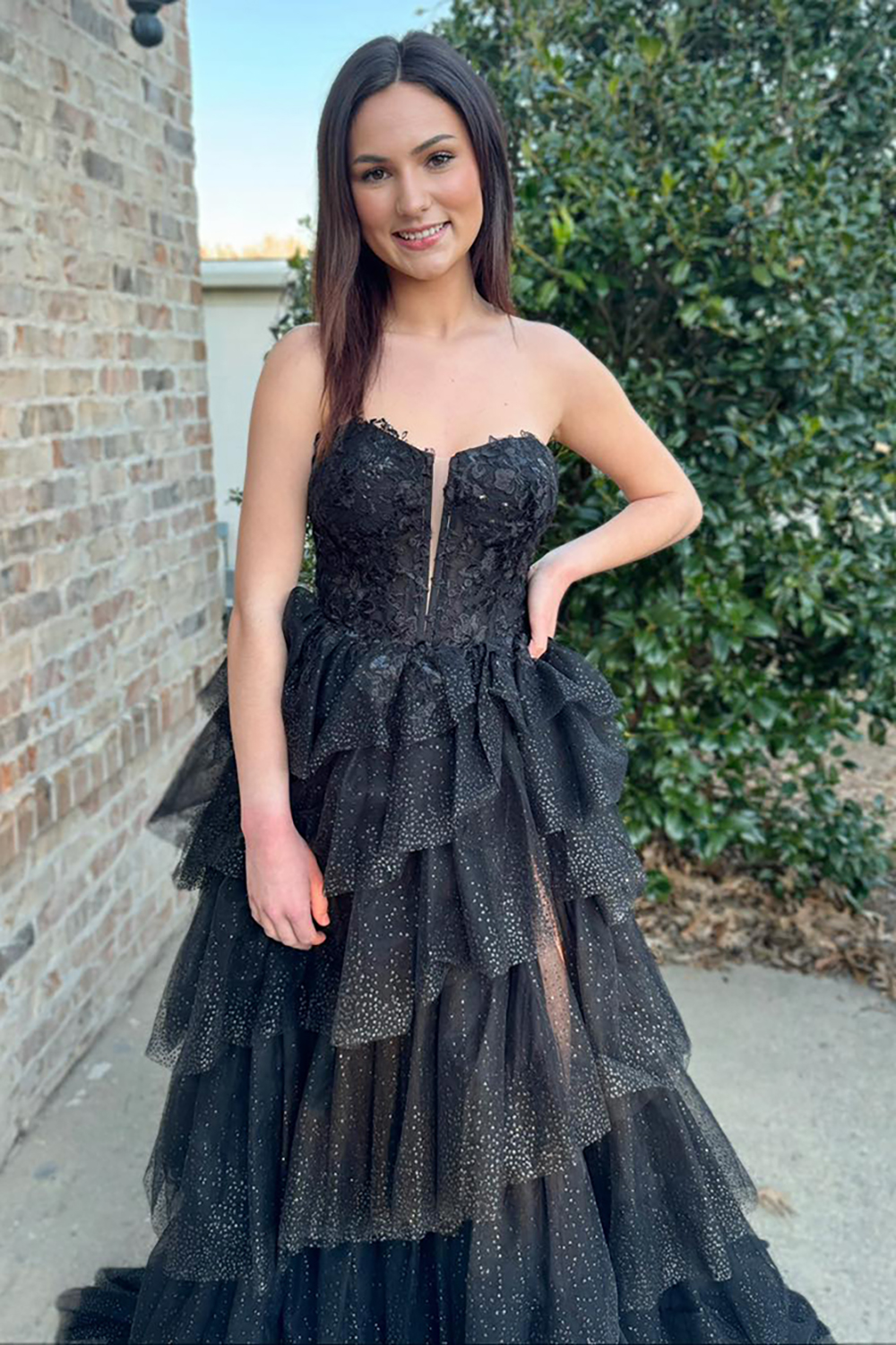 Long Black Prom Dress with Sweetheart Neckline Tiered Tulle and Applique Slit