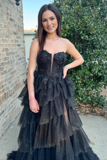 Long Black Prom Dress with Sweetheart Neckline Tiered Tulle and Applique Slit