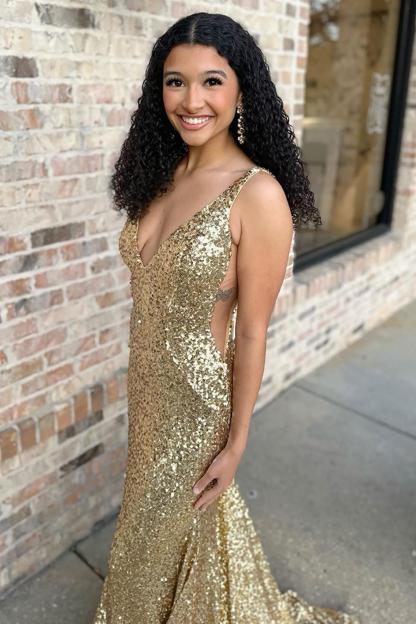 Long Mermaid Prom Dress with Gold Glitter V Neck and Sequins