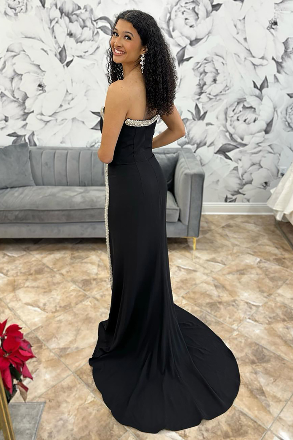 Long Strapless Black Mermaid Prom Dress with Beaded Details and Slit