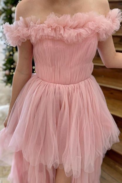 Off The Shoulder Long Prom Dress in Princess Pink with Tiered Tulle and Slit