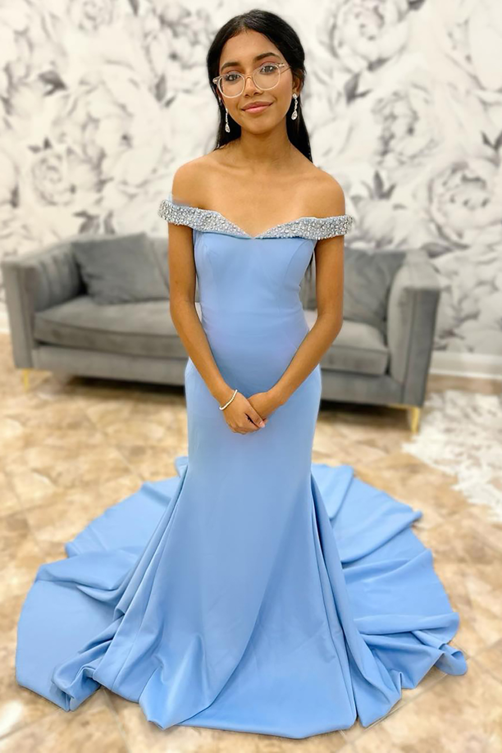 Long Red Mermaid Prom Dress with Beading Off the Shoulder