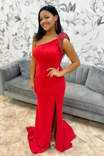 Long Beaded Mermaid Prom Dress in Red with One Shoulder and Slit