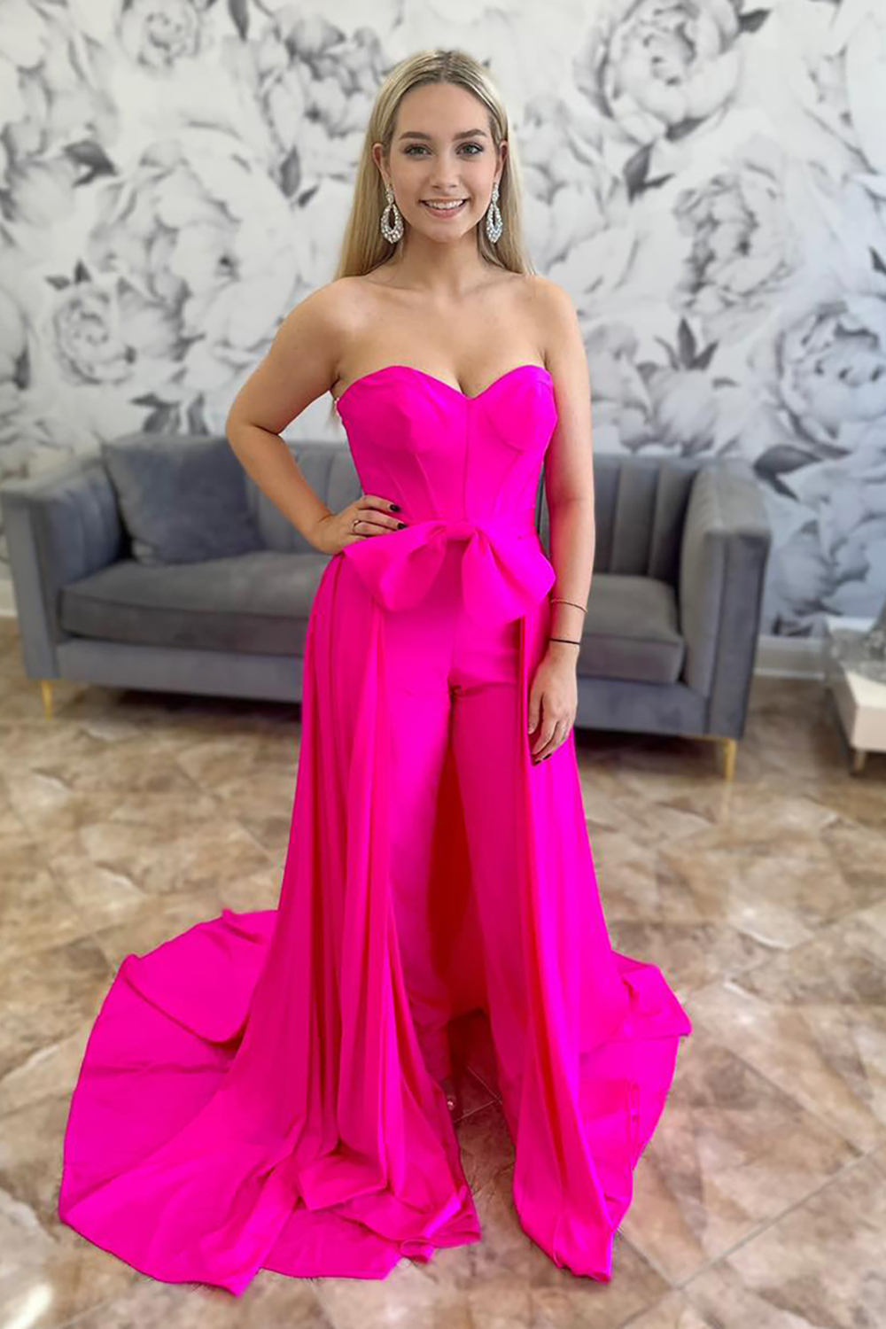 Prom Jumpsuits in Fuchsia with Sweetheart Corset and Bow