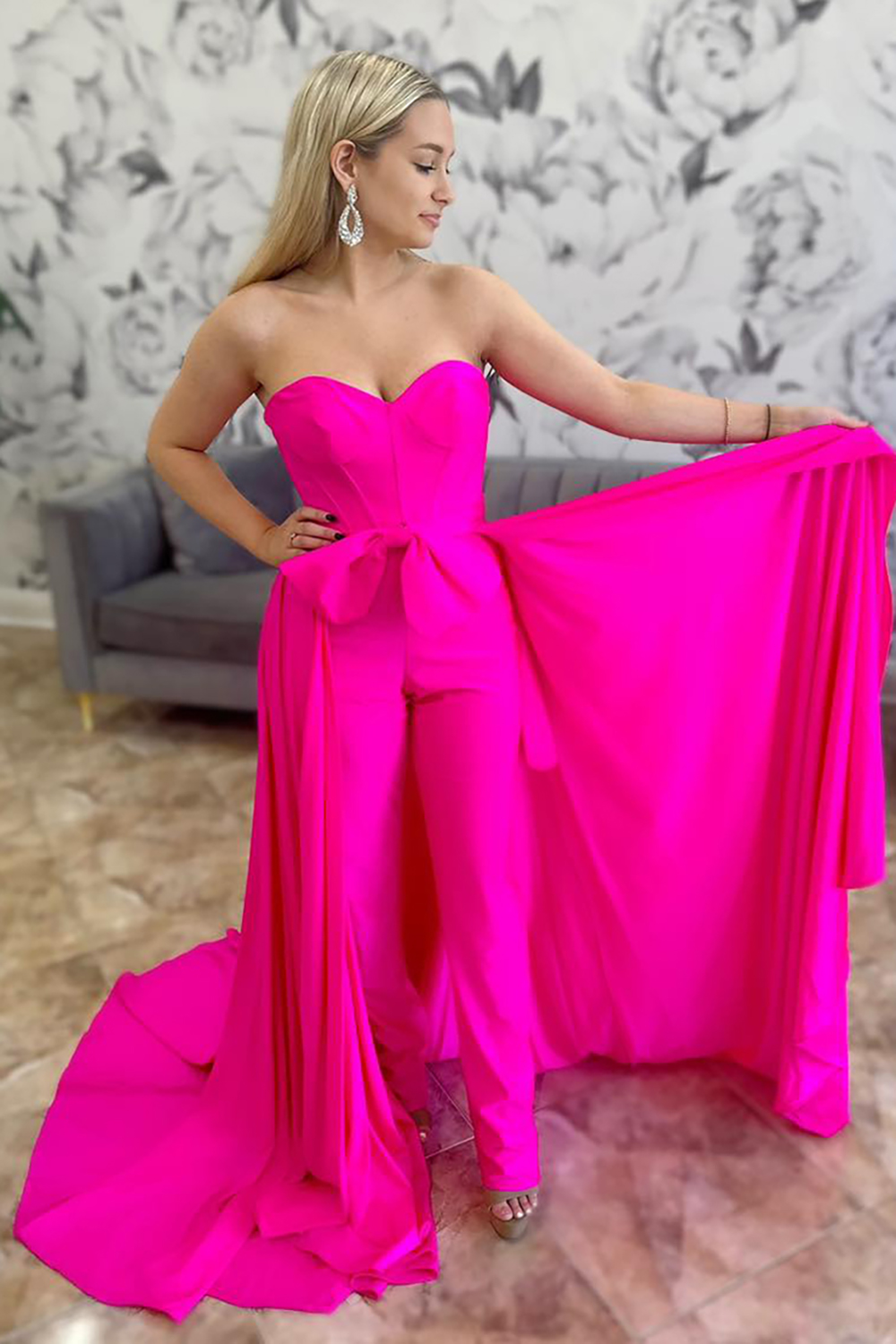 Prom Jumpsuits in Fuchsia with Sweetheart Corset and Bow