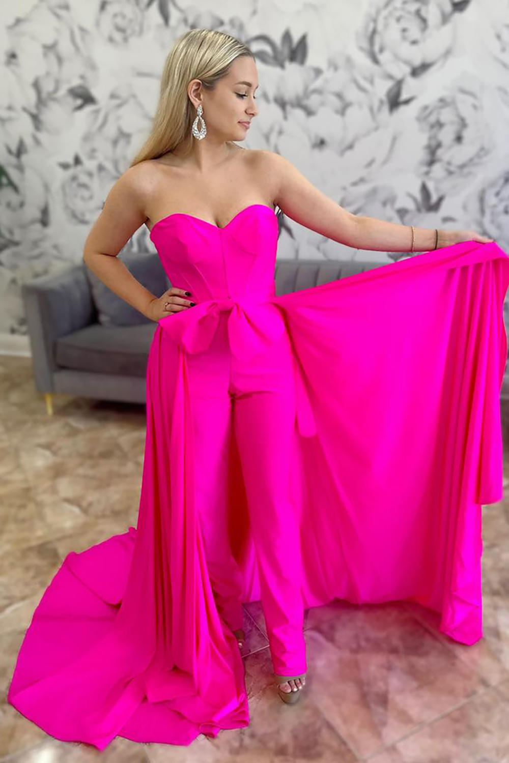 Prom Jumpsuits in Fuchsia with Sweetheart Corset and Bow