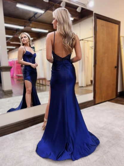 Long Mermaid Prom Dress in Navy Satin with Beaded Spaghetti Straps