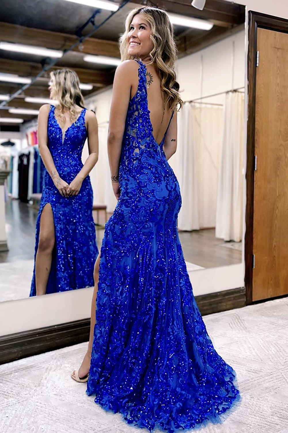 Long V-Neck Mermaid Prom Dress in Sparkly Dark Red with Sequin Slit