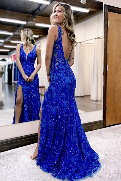Long V-Neck Mermaid Prom Dress in Sparkly Dark Red with Sequin Slit