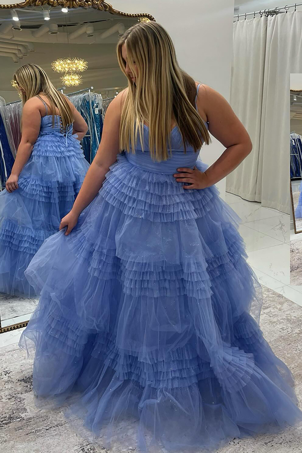 Long Prom Dress with Sparkly Sage Spaghetti Straps and Tiered Tulle A-Line Skirt