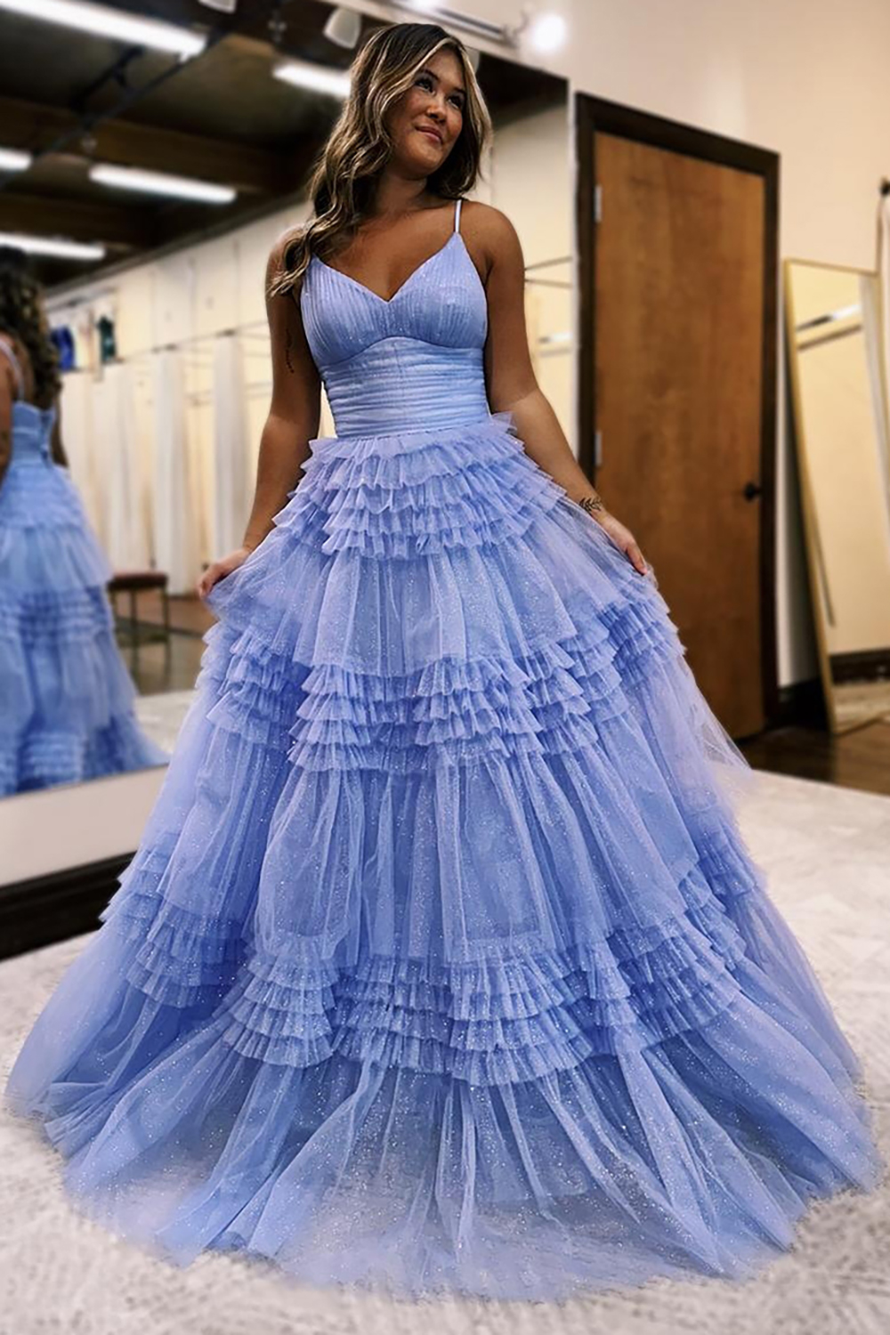 Long Prom Dress with Sparkly Sage Spaghetti Straps and Tiered Tulle A-Line Skirt