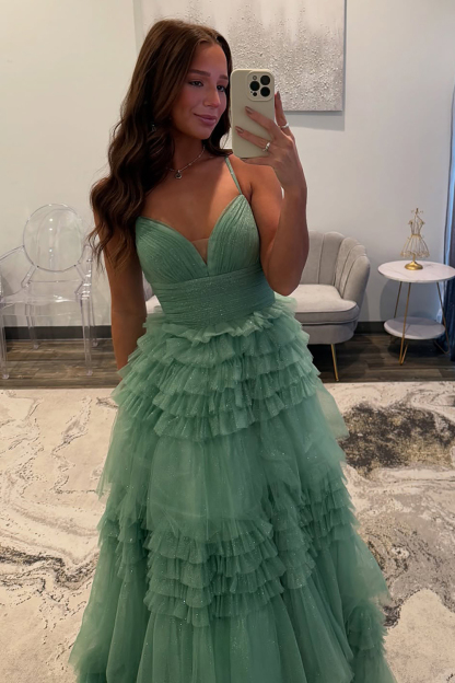 Long Prom Dress with Sparkly Sage Spaghetti Straps and Tiered Tulle A-Line Skirt