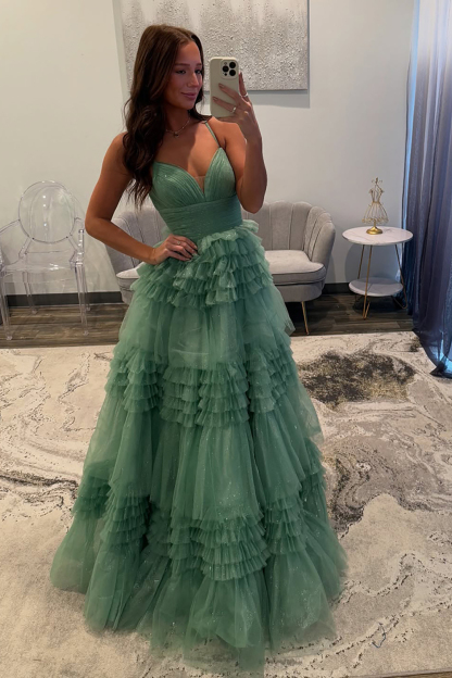 Long Prom Dress with Sparkly Sage Spaghetti Straps and Tiered Tulle A-Line Skirt