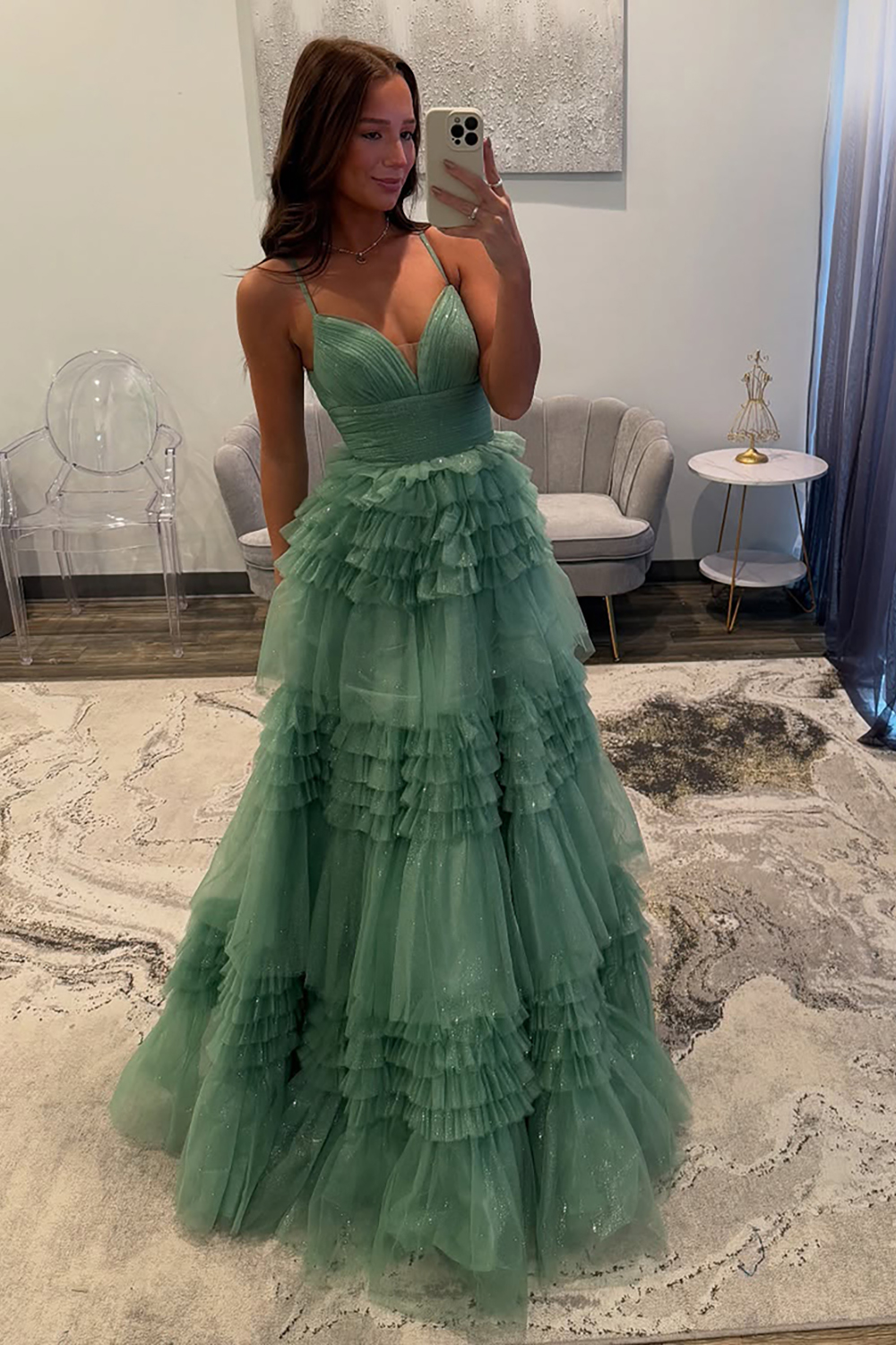 Long Prom Dress with Sparkly Sage Spaghetti Straps and Tiered Tulle A-Line Skirt