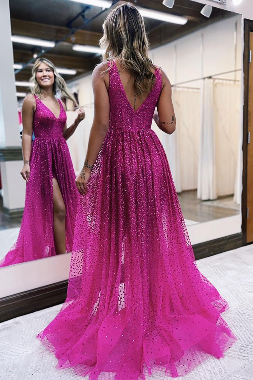 Fuchsia Sequin V-Neck Corset Prom Dress with Sparkly Tulle A-Line and Slit