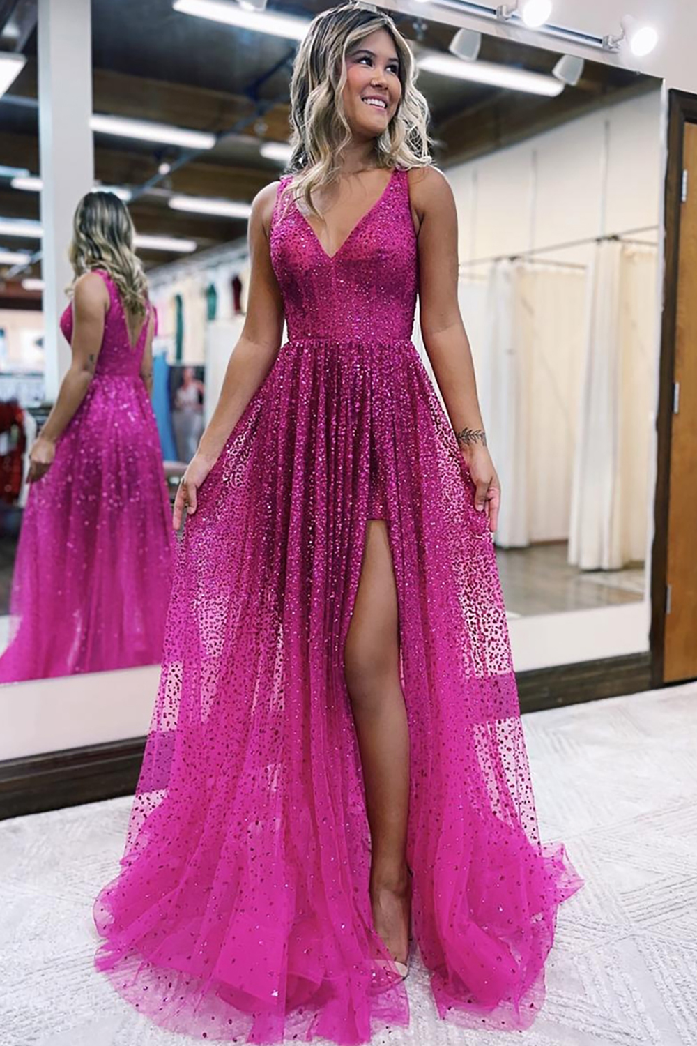 Fuchsia Sequin V-Neck Corset Prom Dress with Sparkly Tulle A-Line and Slit