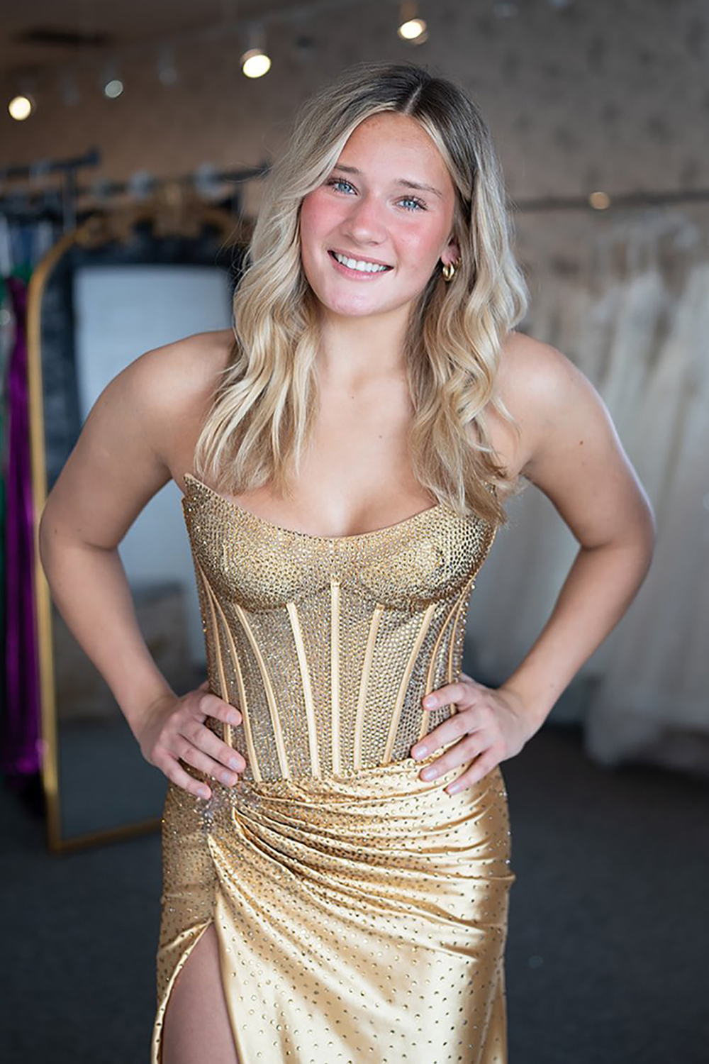 Long Navy Satin Mermaid Prom Dress with Sparkly Strapless Corset and Slit