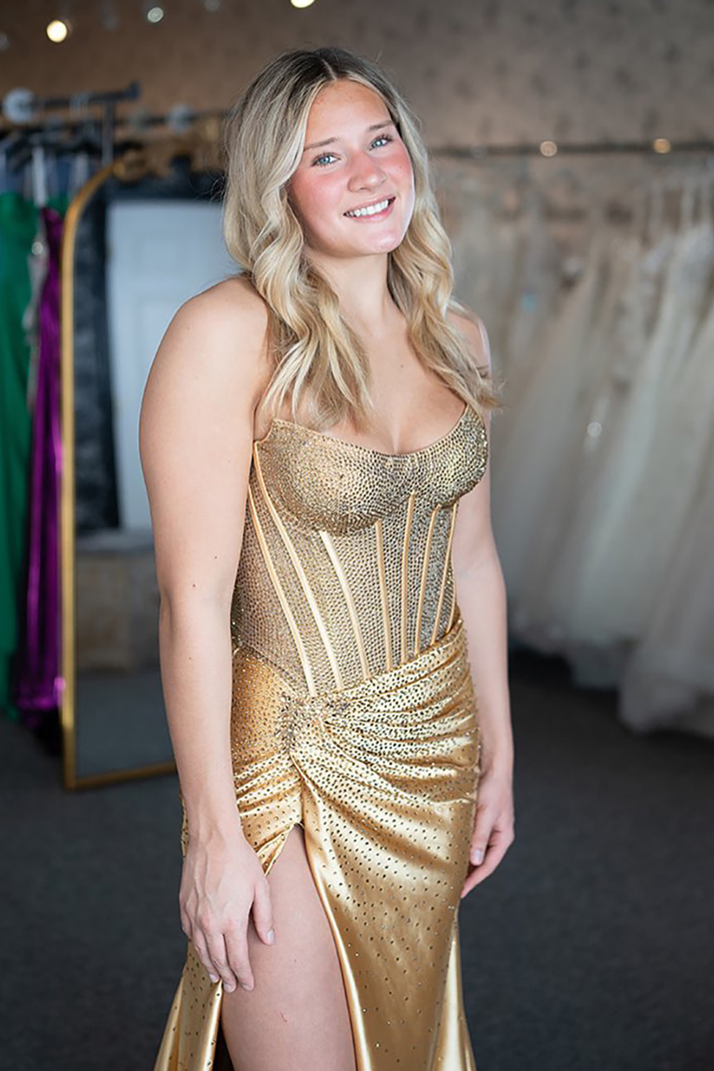 Long Navy Satin Mermaid Prom Dress with Sparkly Strapless Corset and Slit