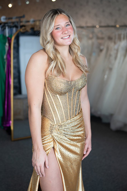 Long Navy Satin Mermaid Prom Dress with Sparkly Strapless Corset and Slit