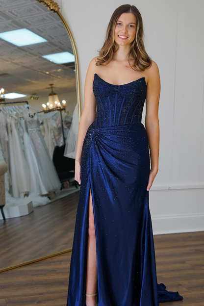 Long Satin Mermaid Prom Dress with Sparkly Gold Strapless Corset and Slit