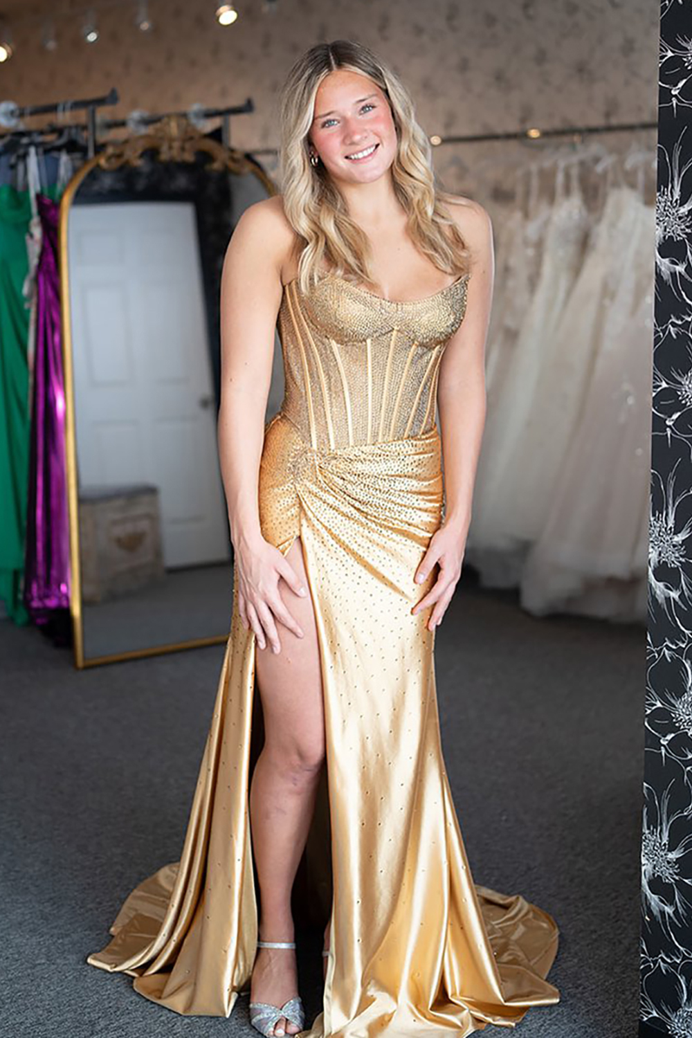 Long Navy Satin Mermaid Prom Dress with Sparkly Strapless Corset and Slit