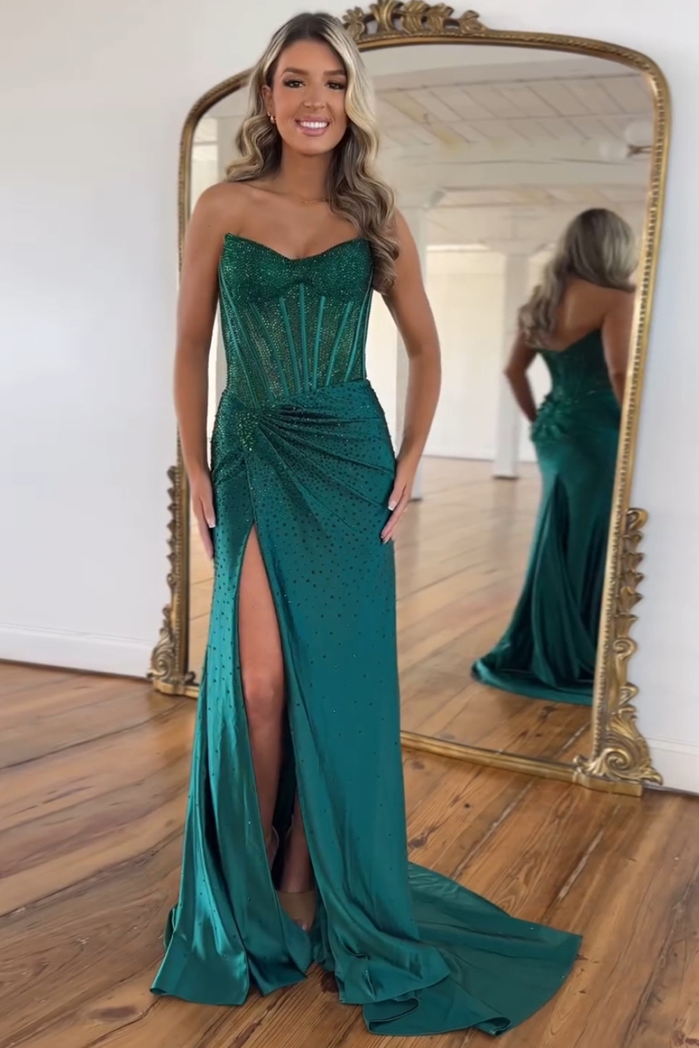 Long Beaded Navy Mermaid Prom Dress with Sparkly Strapless Corset and Slit