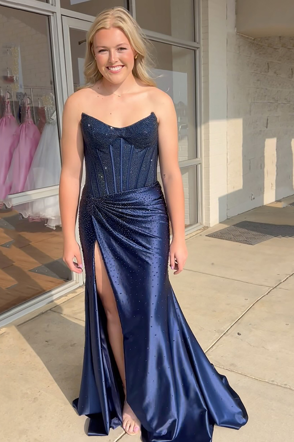 Long Beaded Navy Mermaid Prom Dress with Sparkly Strapless Corset and Slit