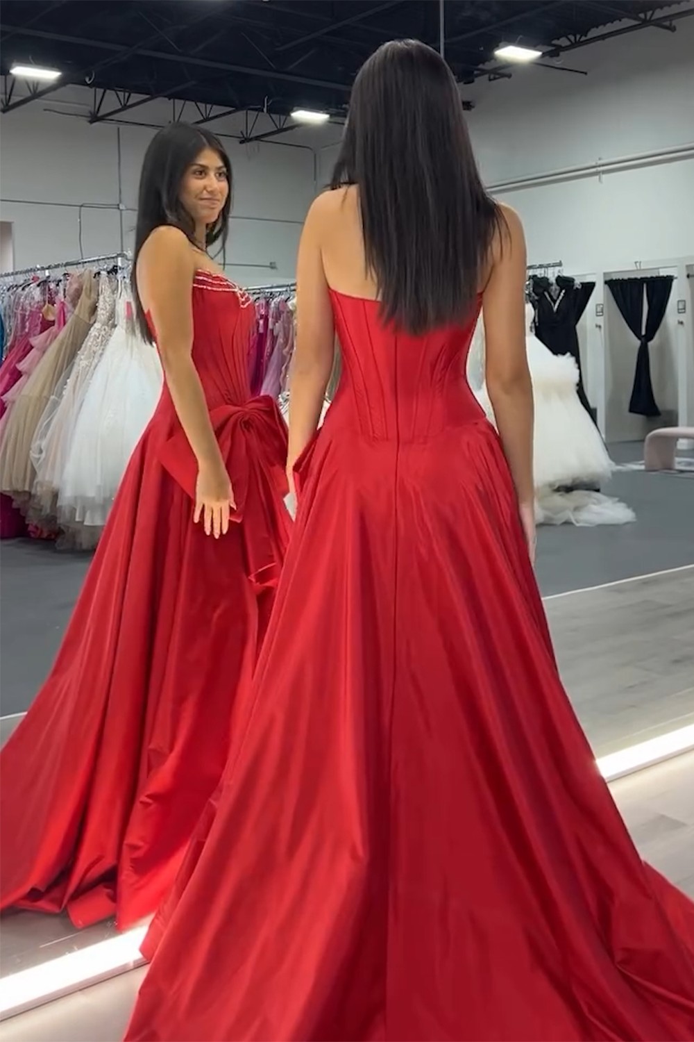Stylish Red Strapless A-Line Satin Corset Prom Gown with Bow