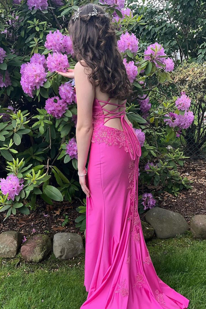 Long Satin Mermaid Prom Dress with Fuchsia Spaghetti Straps and Appliques