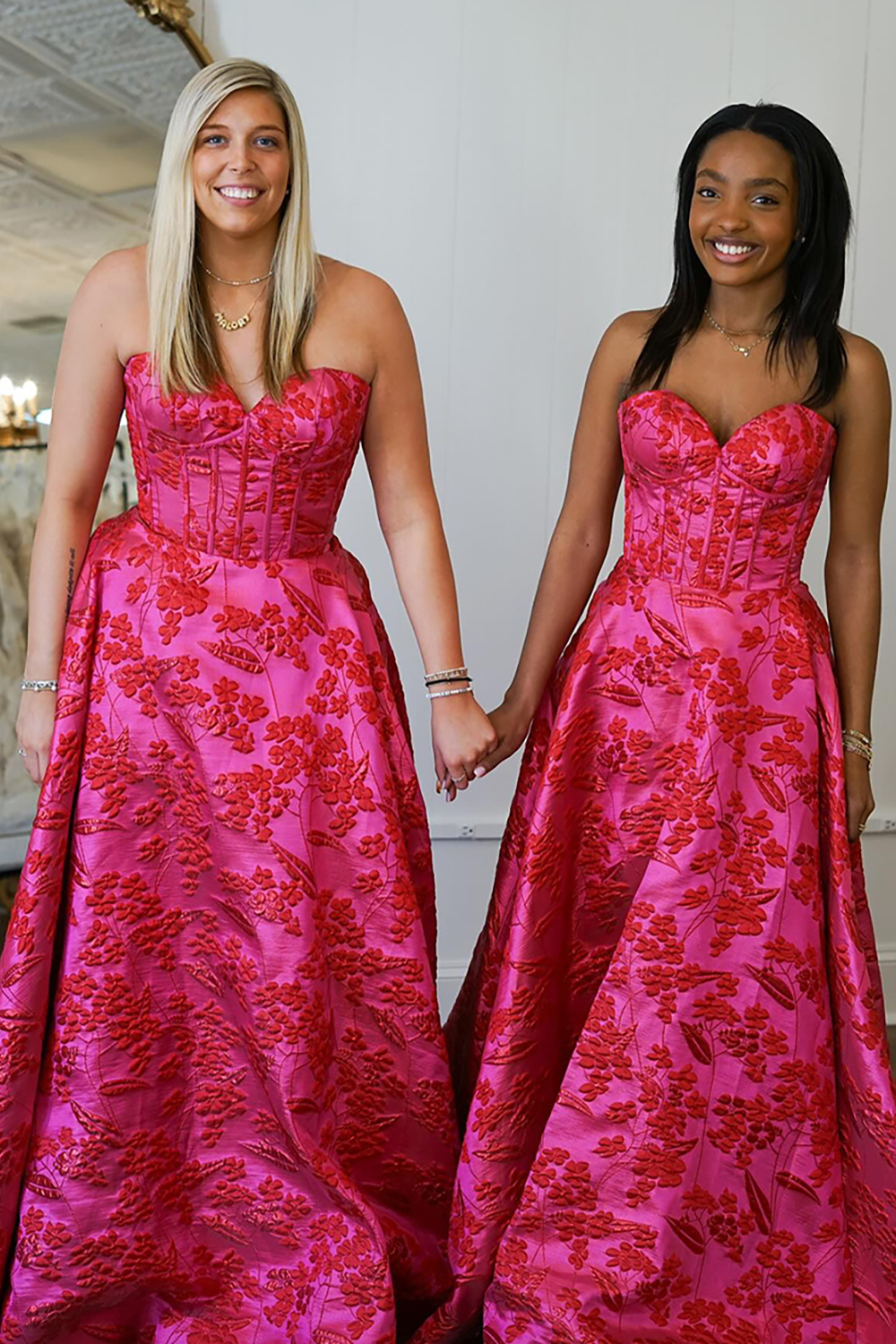 Long Strapless Fuchsia Jacquard Corset Prom Dress with Slit for Princess