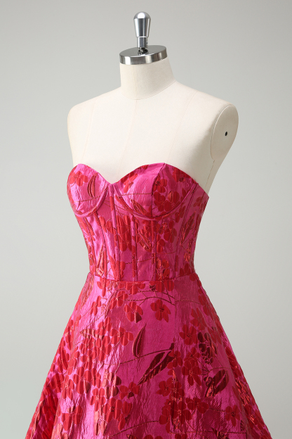 Long Strapless Fuchsia Jacquard Corset Prom Dress with Slit for Princess