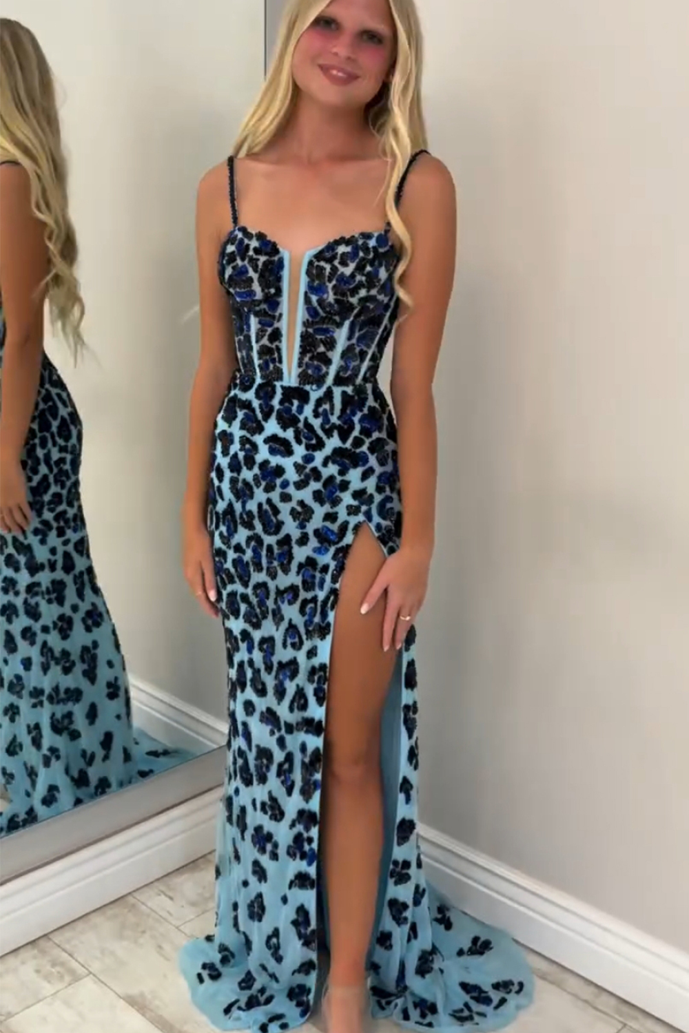 Fuchsia Leopard Print Corset Dress with Sparkly Mermaid Hem and Spaghetti Straps