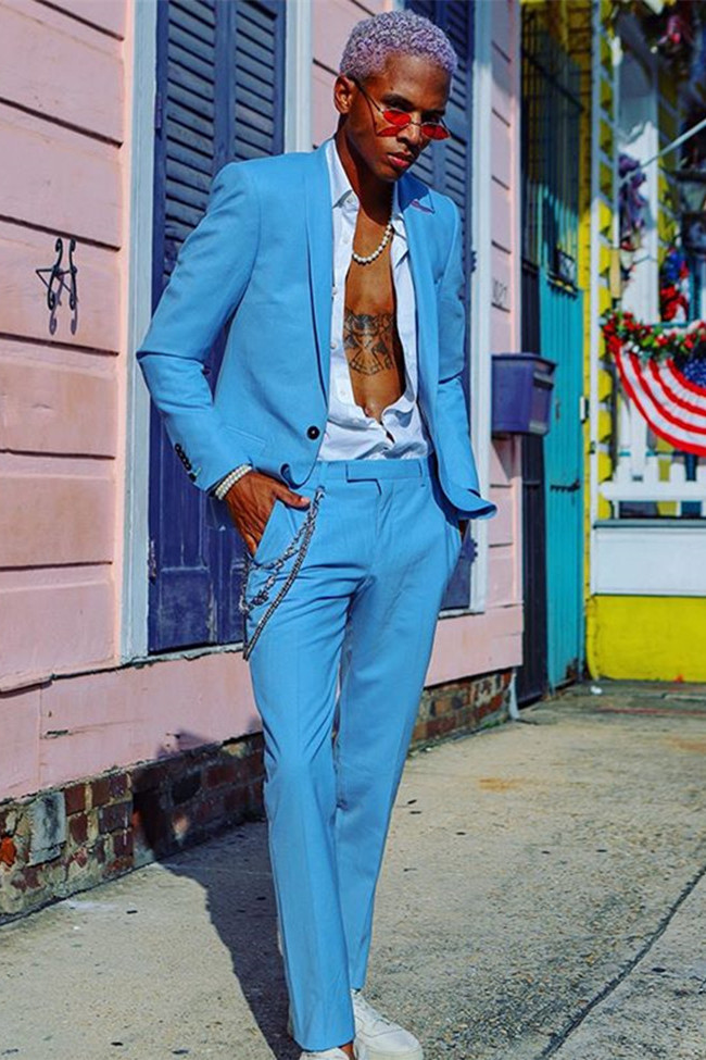 Stylish Blue One-Button Wedding Suits for Groom with Shawl Lapel