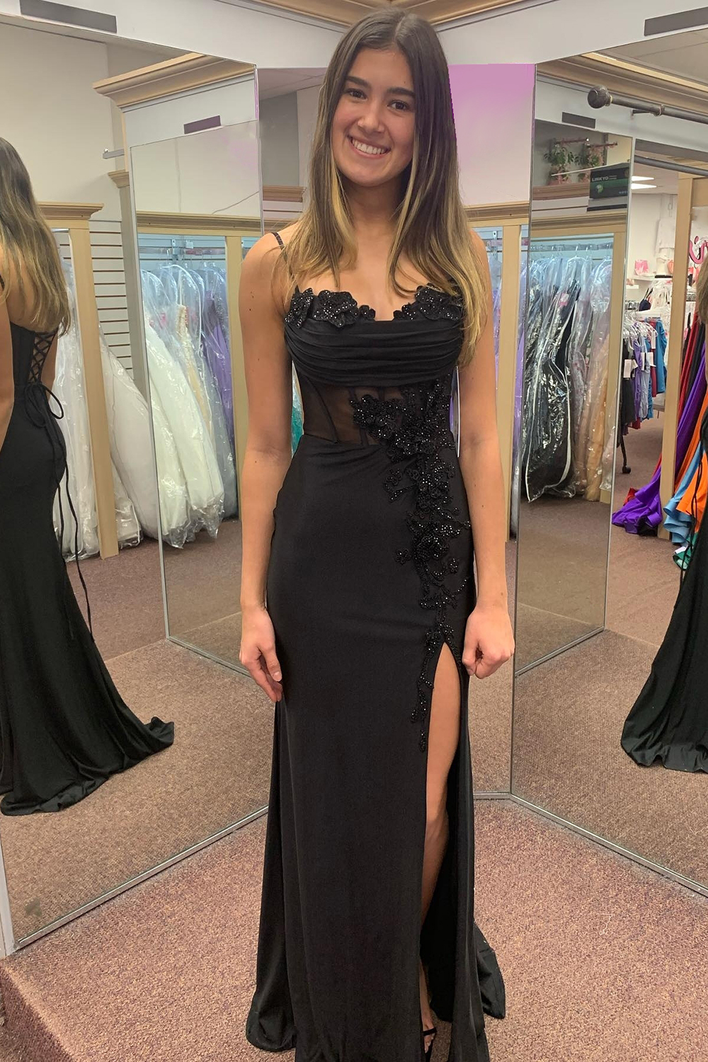 Long Black Satin Prom Dress with Spaghetti Straps Mermaid Cut Applique and Slit