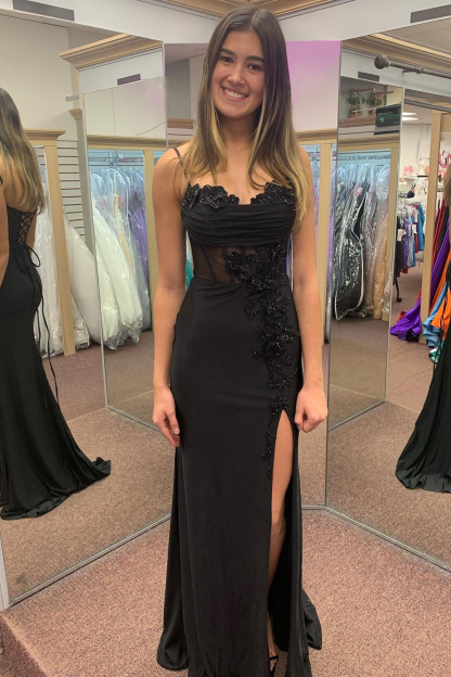 Long Black Satin Prom Dress with Spaghetti Straps Mermaid Cut Applique and Slit