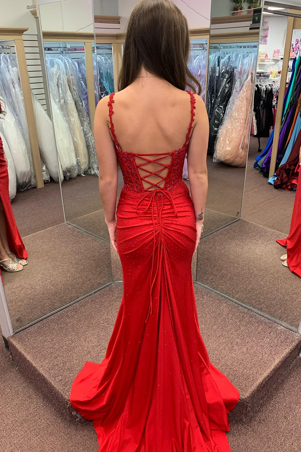 Long Red Corset Prom Dress with Beaded Applique and Spaghetti Straps Featuring a Slit